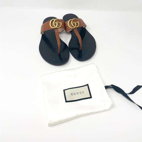 GUCCI Marmont Leather Thong Sandal with Double G EU 36.5 Brown - Picture 2 of 8